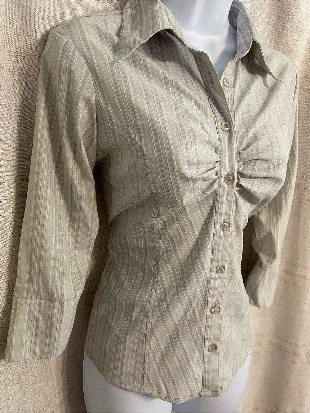 Cotton Express Striped Ruched Bust 3/4 Sleeve Button Up Blouse M